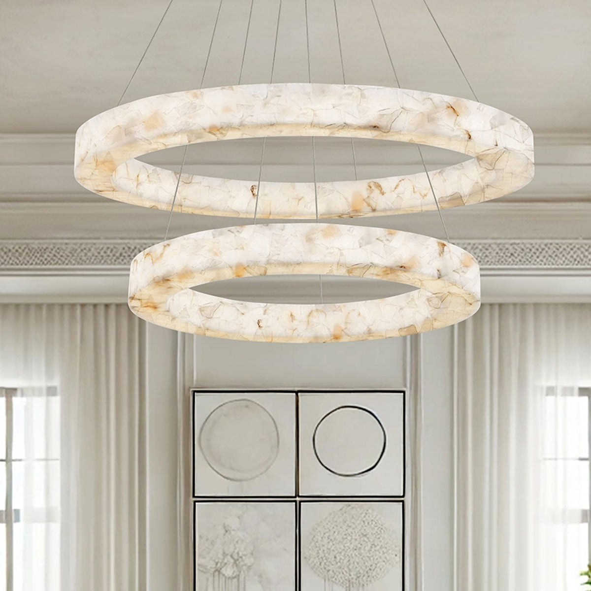 LumenAria Medley 42" Wide 2-Tier Alabaster Rocks LED Ring Pendant Chandelier - Tianguang Alabaster Lighting
