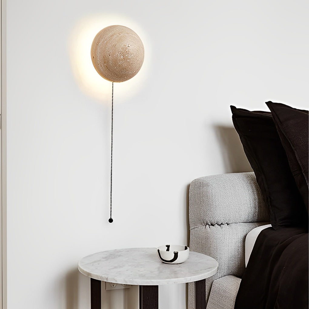 Japanese Style Travertine Stone Round LED Wall Sconce - Tianguang Alabaster Lighting