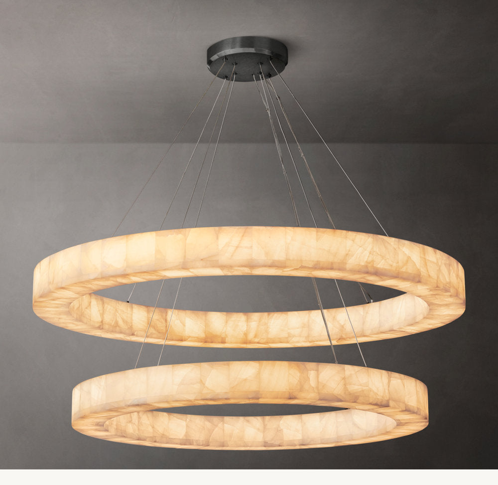 Rivage Lueur Two-Tier Round Calcite Chandelier 60" - Tianguang Alabaster Lighting