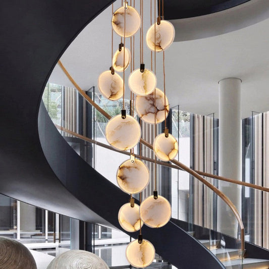 Alabaster Disc Long Staircase Chandelier - Tianguang Alabaster Lighting
