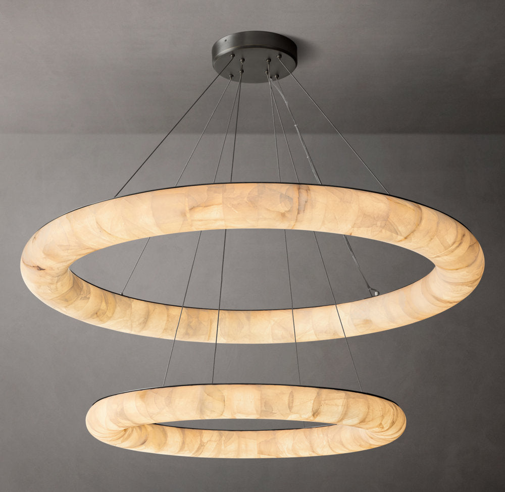 Rivage Lisse Two-Tiered Round Calcite Chandelier 61" - Tianguang Alabaster Lighting