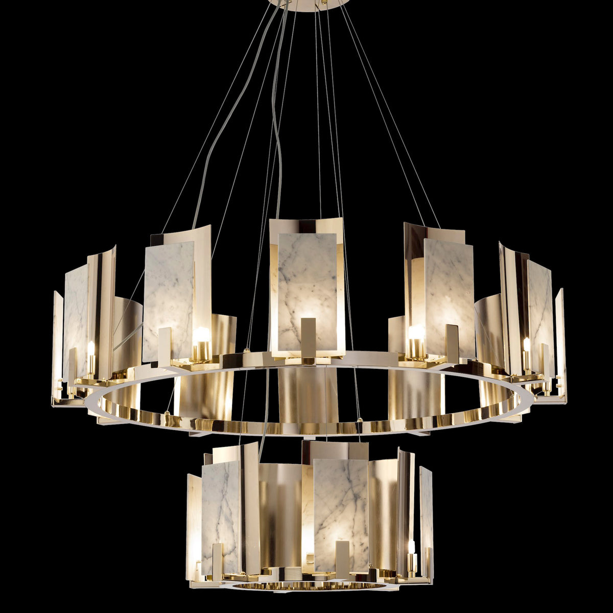 Contemporary Brass And White Carrara Marble Tiered Chandelier - Tianguang Alabaster Lighting