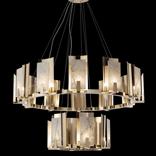 Contemporary Brass And White Carrara Marble Tiered Chandelier - Tianguang Alabaster Lighting