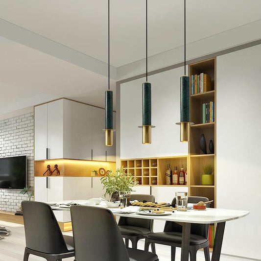 Cylindrical Mid Century Pendant Light Metal Marble LED Ceiling Light - Tianguang Alabaster Lighting