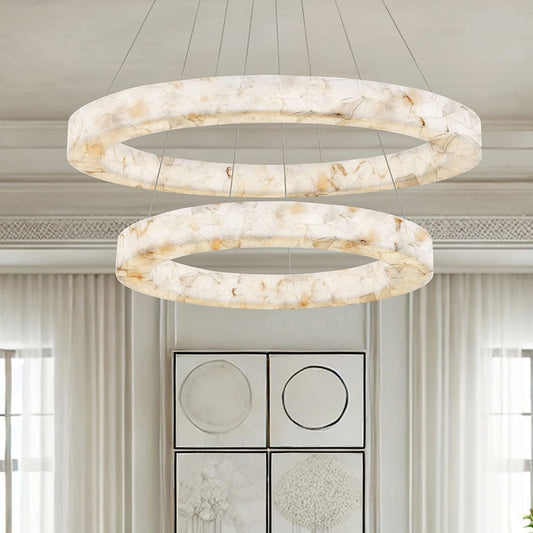 LumenAria Medley 42" Wide 2-Tier Alabaster Rocks LED Ring Pendant Chandelier - Tianguang Alabaster Lighting