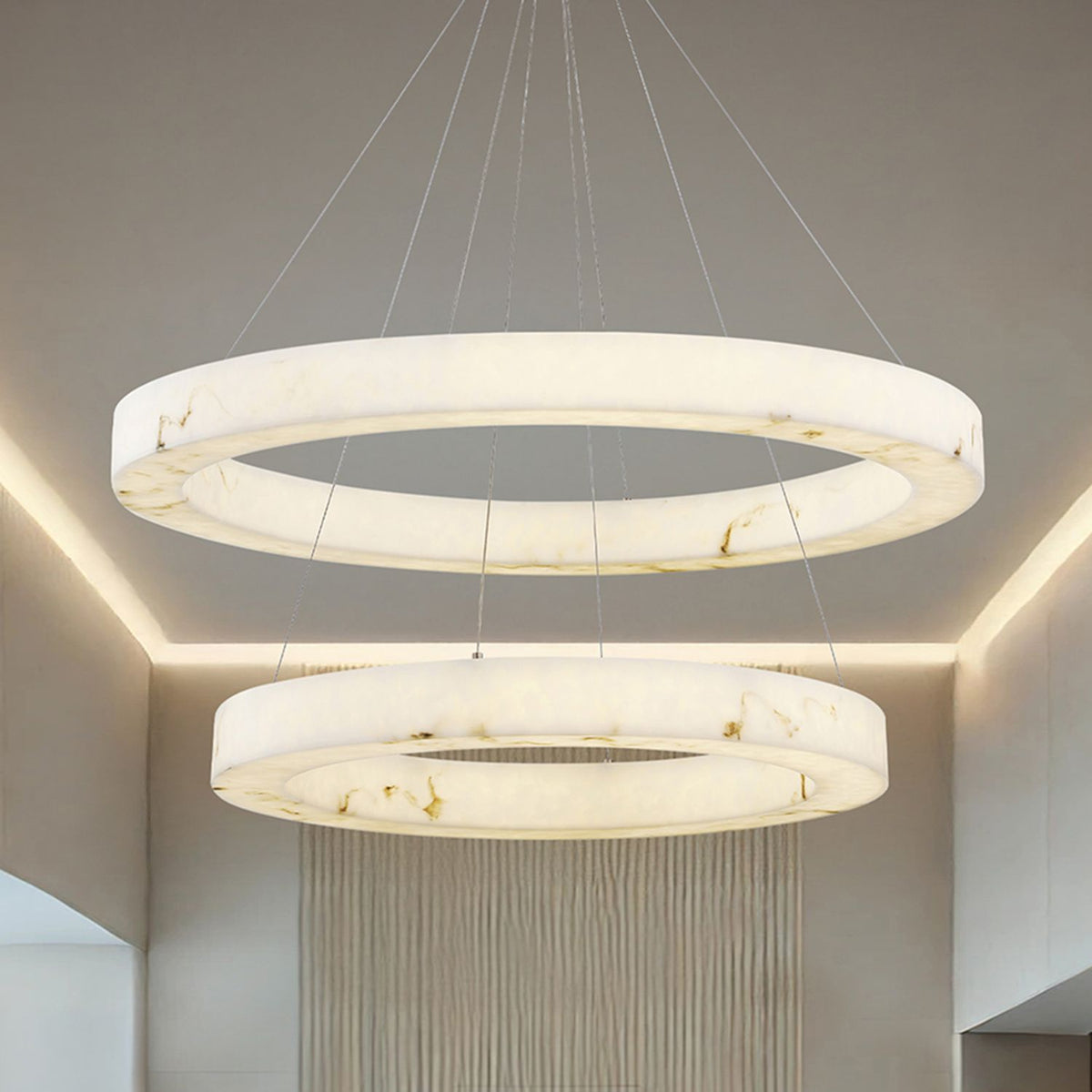 Medley 42" Wide Brushed Brass 2-Tier LED Ring Alabaster Chandelier - Tianguang Alabaster Lighting