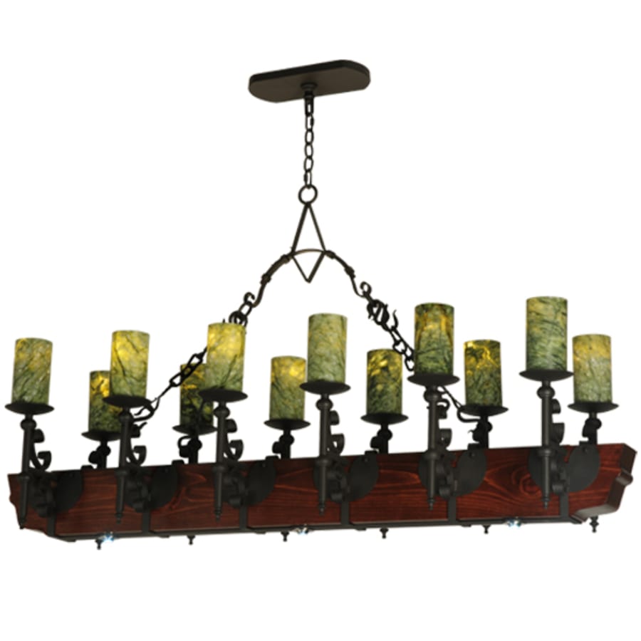 Tudor 15 Light 60" Wide Pillar Candle Style Natural Stone Chandelier with Green Jadestone Shades- Wrought Iron Finish - Tianguang Alabaster Lighting