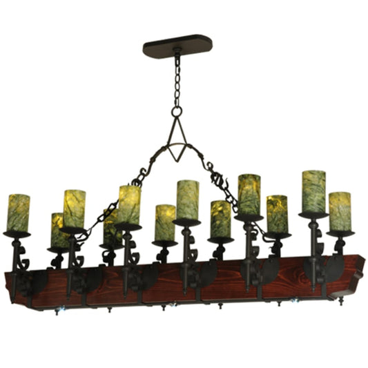 Tudor 15 Light 60" Wide Pillar Candle Style Natural Stone Chandelier with Green Jadestone Shades- Wrought Iron Finish - Tianguang Alabaster Lighting