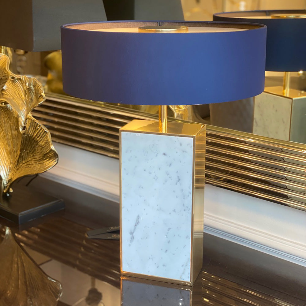 Modern Marble Designer Gold Table Lamp With Blue Shade - Tianguang Alabaster Lighting