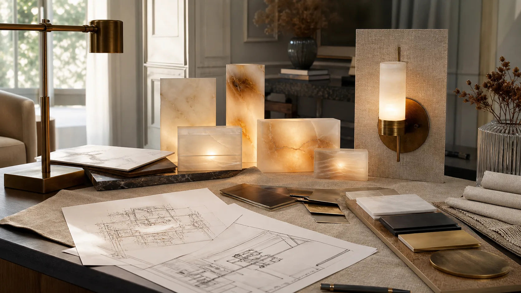 Tianguang Alabaster Lighting designer studio with alabaster samples brass finishes and project plans