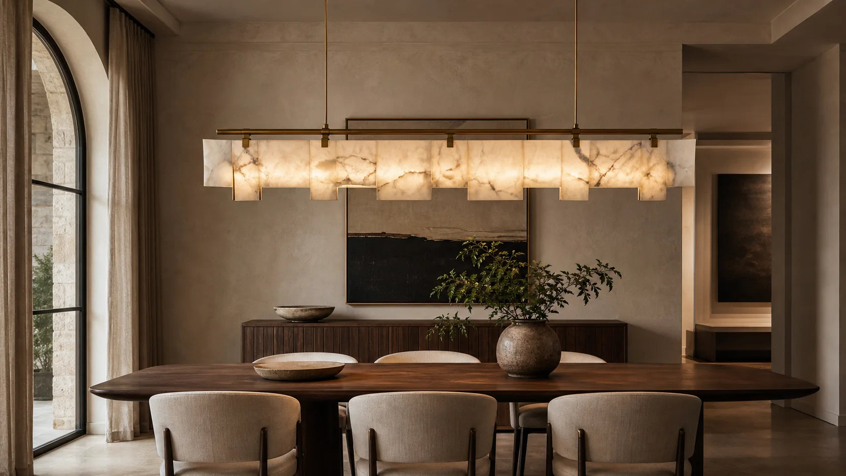 Tianguang Alabaster Lighting luxury dining room with glowing natural alabaster chandelier