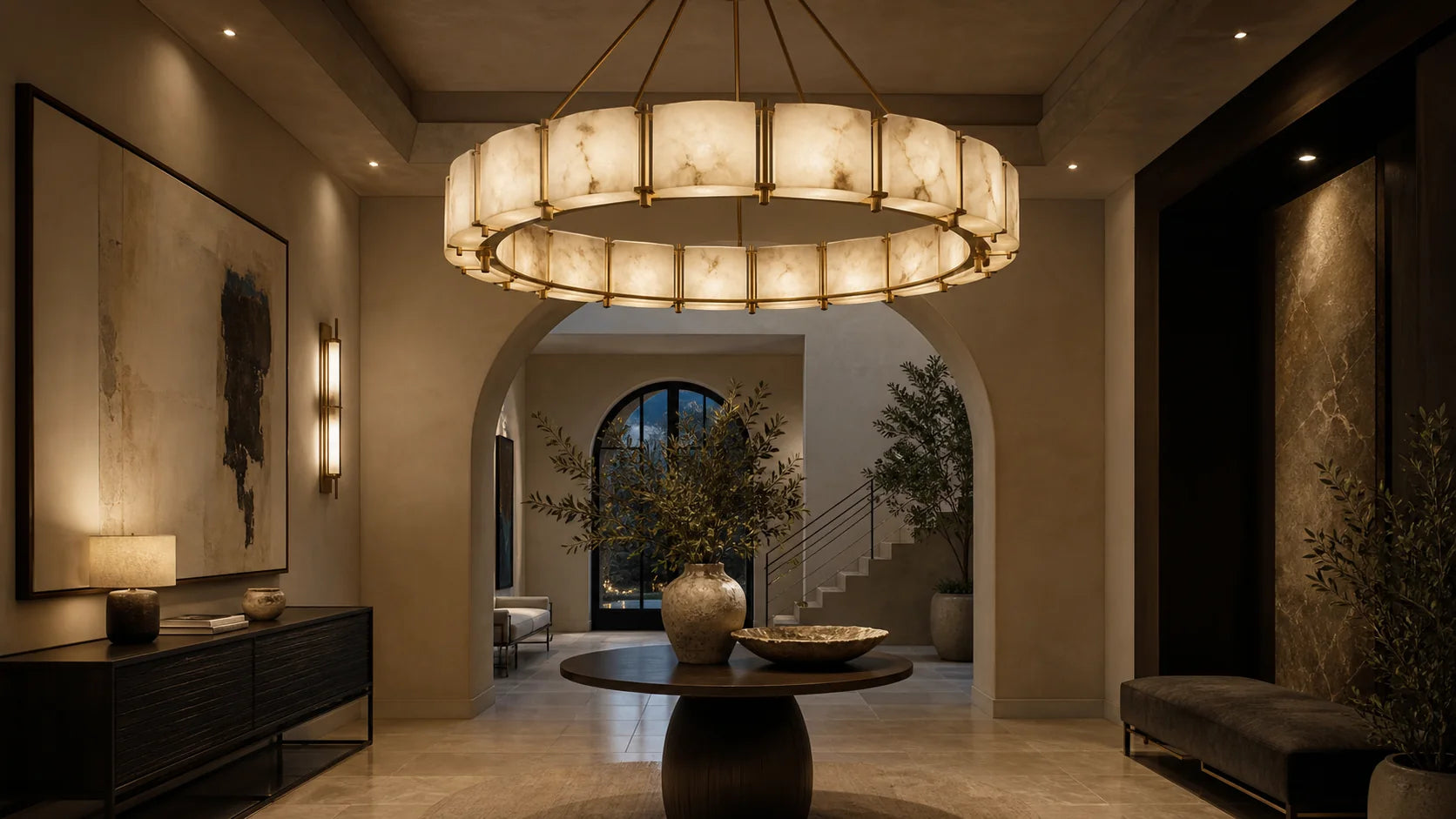 Tianguang Alabaster Lighting luxury foyer with large glowing alabaster chandelier