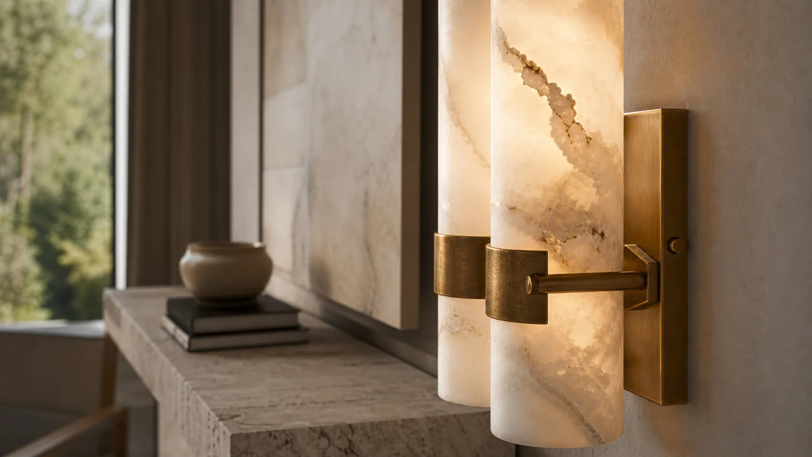 Tianguang Alabaster Lighting close-up of glowing veined alabaster wall sconce and aged brass detail